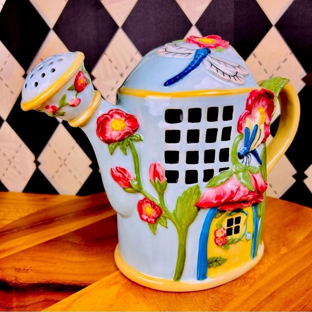 Cottage Ceramic Watering Can Whimsical Floral Butterfly Garden Decor - Picture 4 of 10